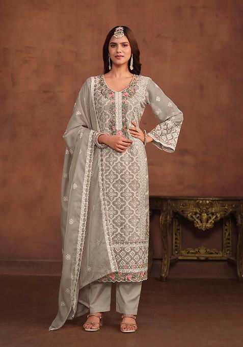 Grey Thread Embroidered Work Soft Organza Kurta Set