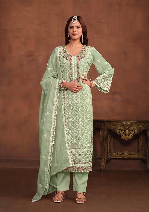 Light Green Thread Embroidered Work Soft Organza Kurta Set