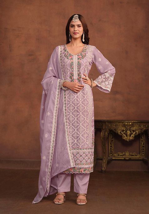 Lavender Thread Embroidered Work Soft Organza Kurta Set