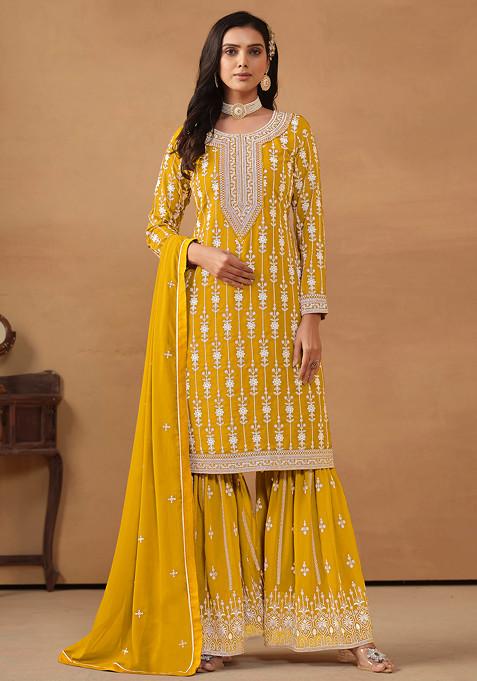 Mustard Thread Embroidered Work Faux Georgette Sharara Set