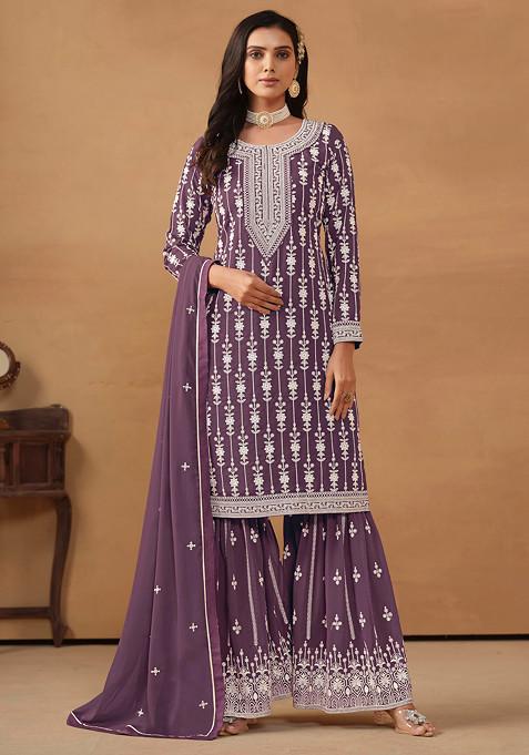 Purple Thread Embroidered Work Faux Georgette Sharara Set