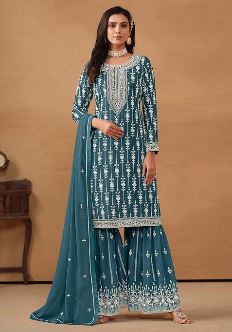 Teal Thread Embroidered Work Faux Georgette Sharara Set