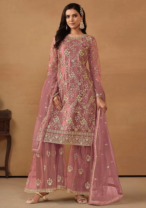 Dark Baby Pink Sequin Embroidered Net Sharara Set