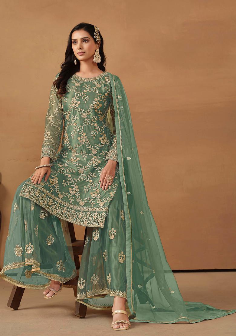 Teal Green Sequin Embroidered Net Sharara Set