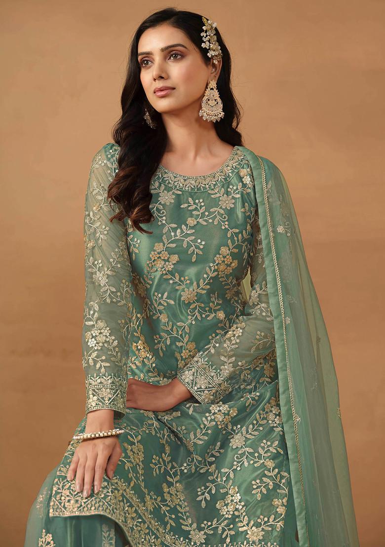 Teal Green Sequin Embroidered Net Sharara Set
