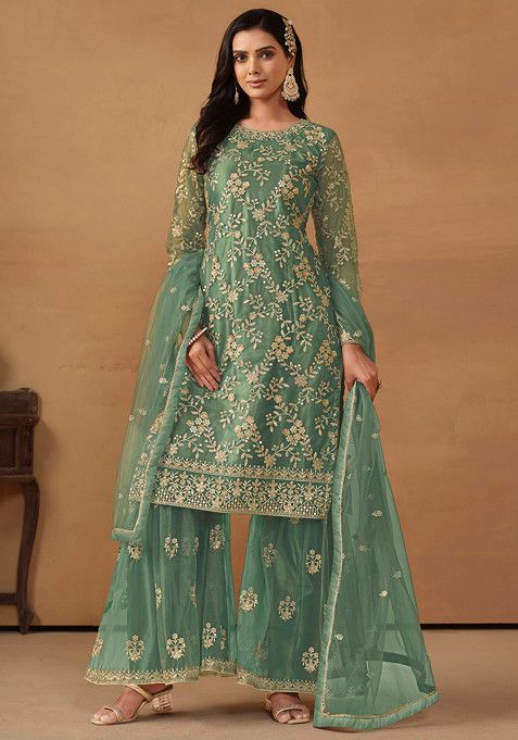 Teal Green Sequin Embroidered Net Sharara Set