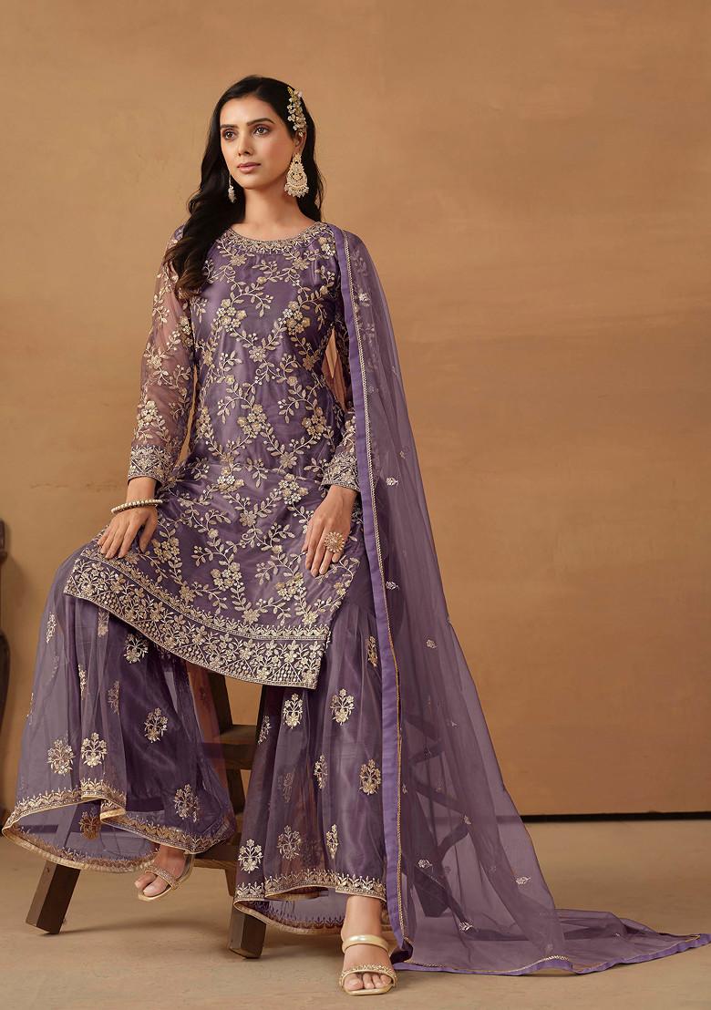 Purple Sequin Embroidered Net Sharara Set