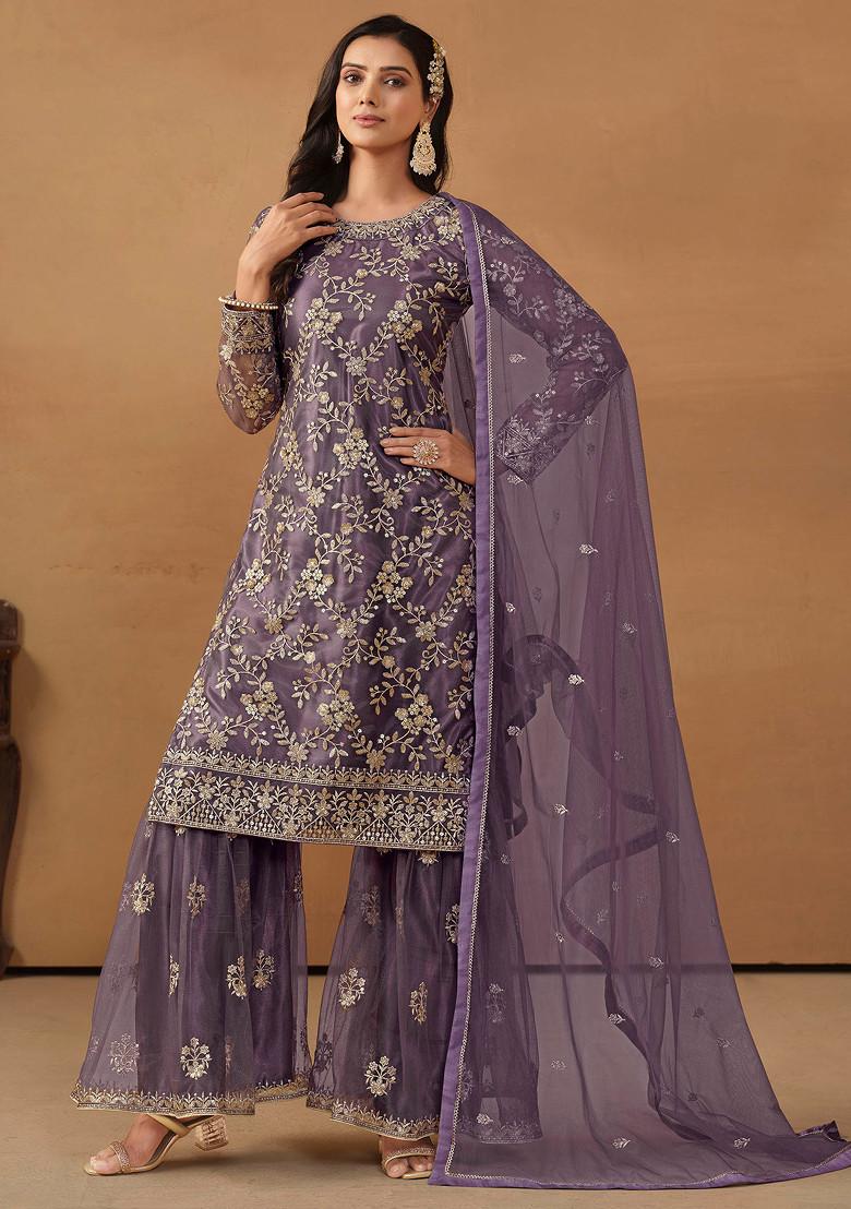 Purple Sequin Embroidered Net Sharara Set