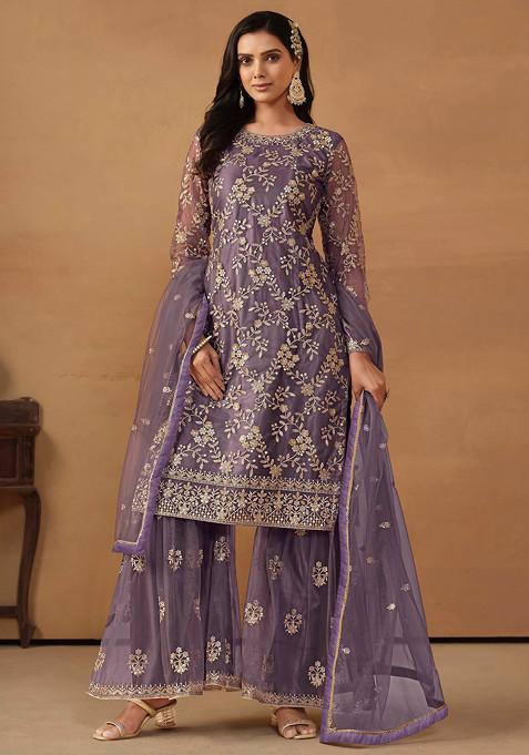 Purple Sequin Embroidered Net Sharara Set