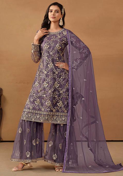 Purple Sequin Embroidered Net Sharara Set