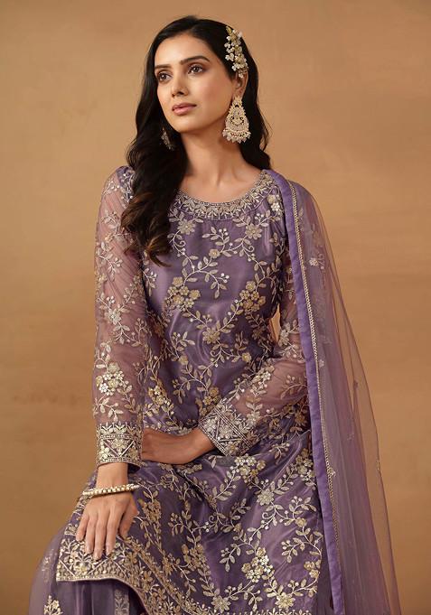Purple Sequin Embroidered Net Sharara Set