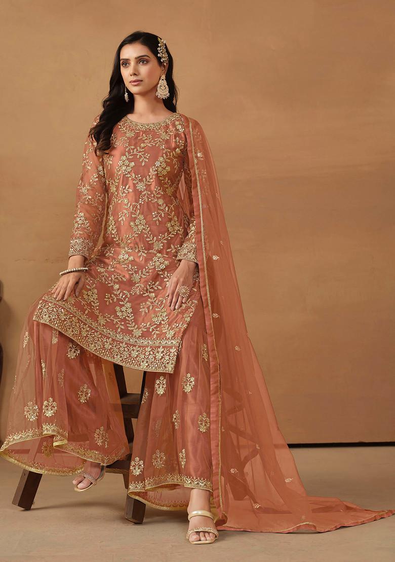 Dark Salmon Sequin Embroidered Net Sharara Set