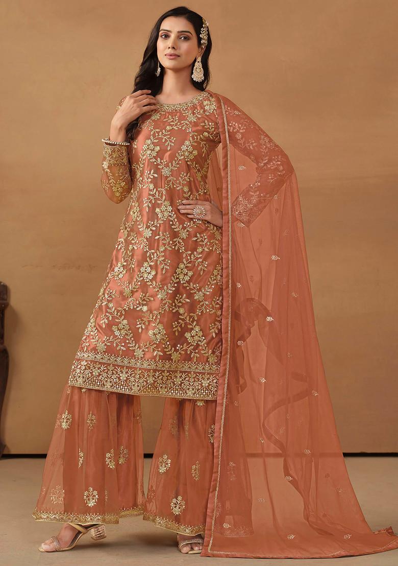 Dark Salmon Sequin Embroidered Net Sharara Set