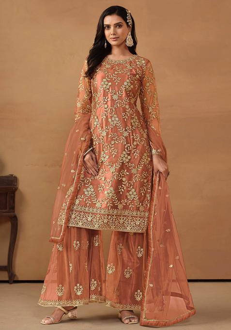 Dark Salmon Sequin Embroidered Net Sharara Set