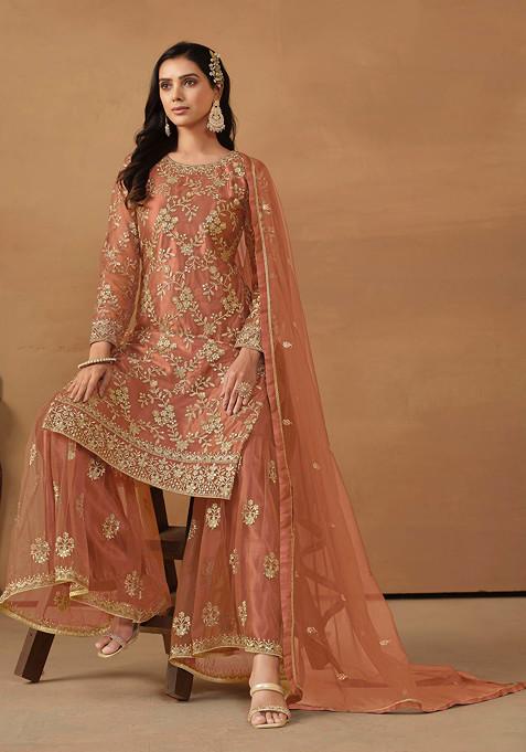 Dark Salmon Sequin Embroidered Net Sharara Set