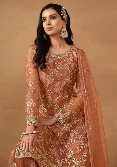 Dark Salmon Sequin Embroidered Net Sharara Set