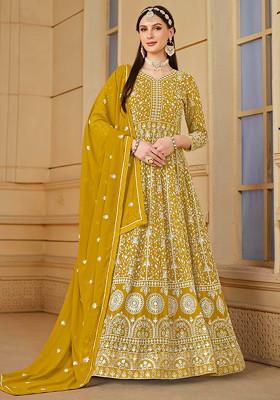 Mustard Thread Embroidered Work Faux Georgette Anarkali Set