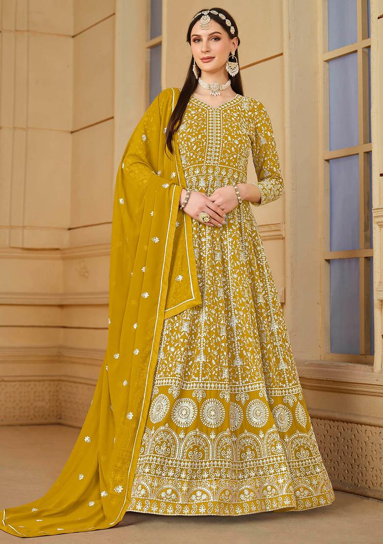 Buy Women Mustard Thread Embroidered Work Faux Georgette Anarkali