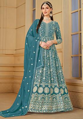 Teal Thread Embroidered Work Faux Georgette Anarkali Set