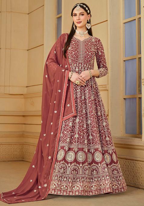 Chocolate Thread Embroidered Work Faux Georgette Anarkali Set