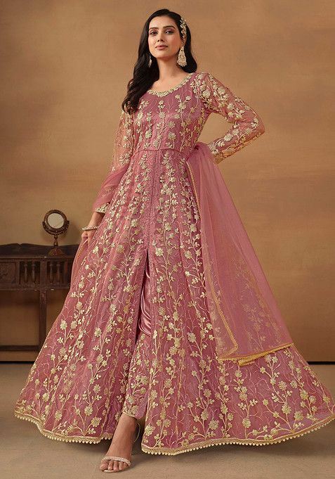 Dark Baby Pink Sequin Embroidered Net Kurta Set