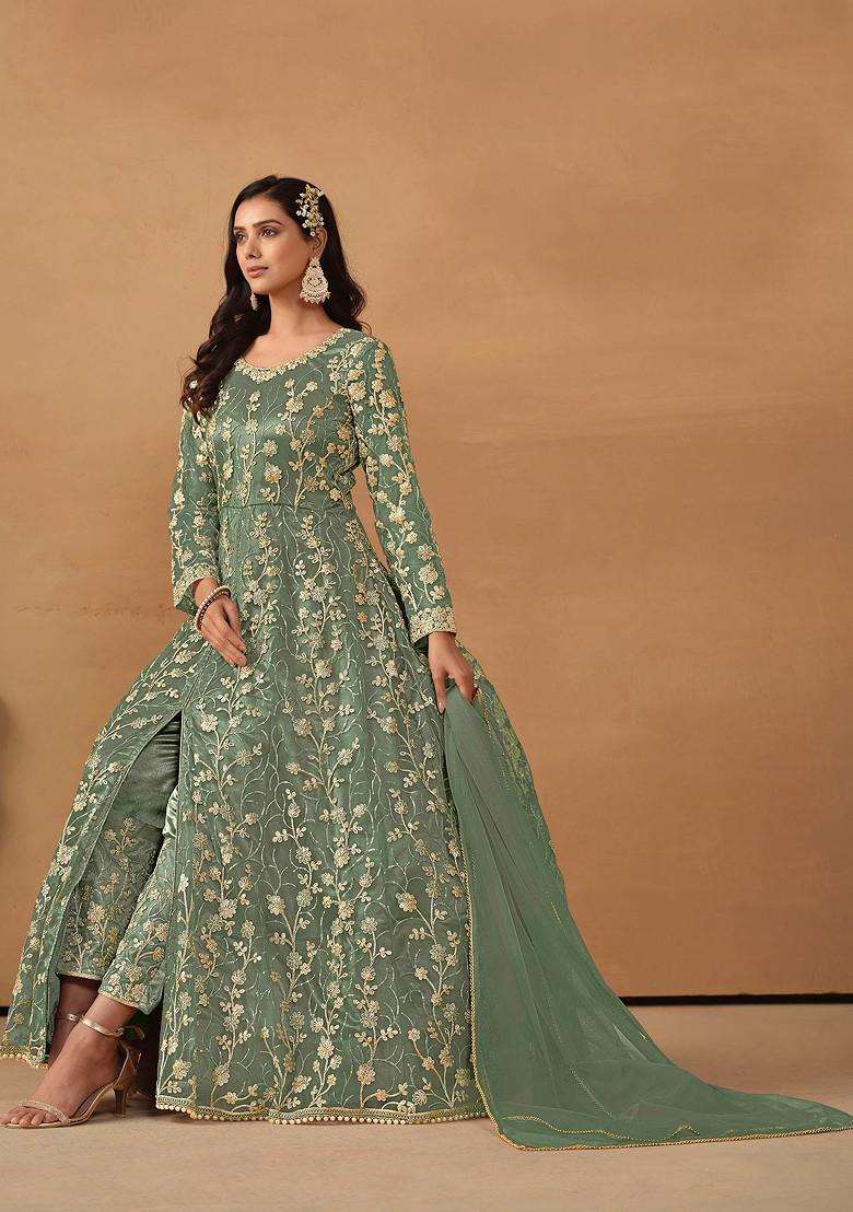 Dark Sea Green Sequin Embroidered Net Kurta Set