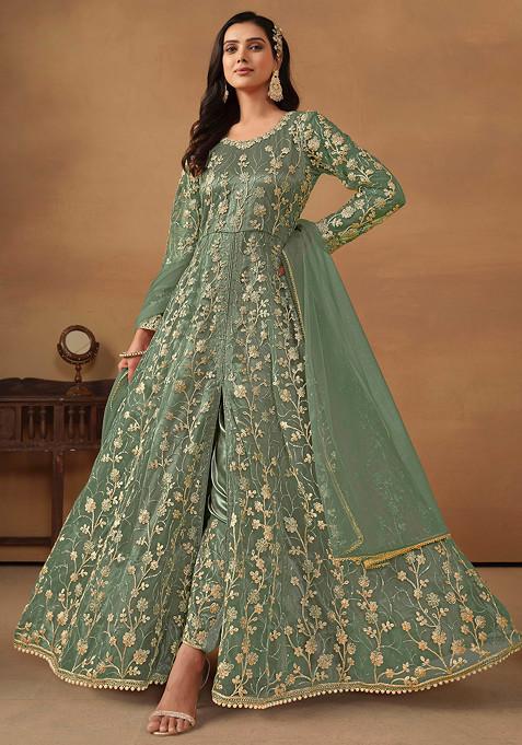 Dark Sea Green Sequin Embroidered Net Kurta Set