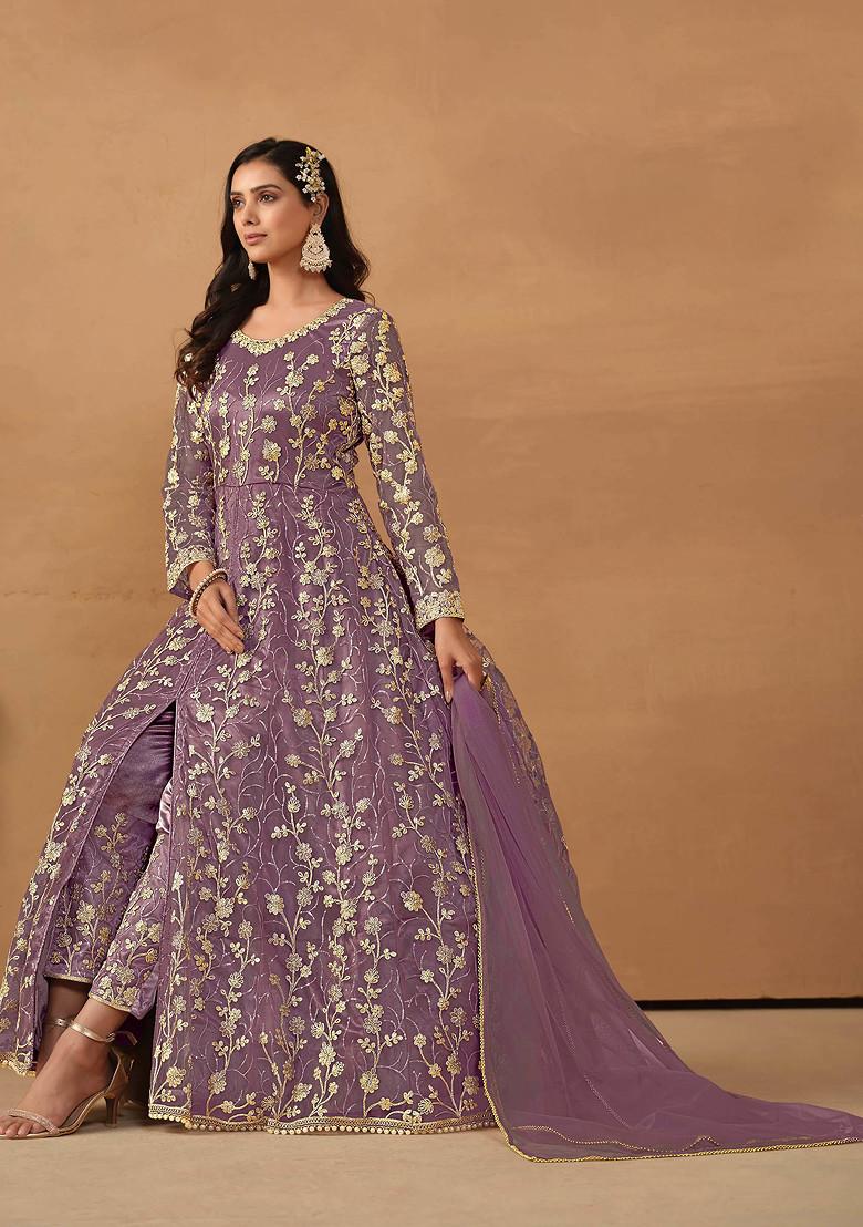 Purple Sequin Embroidered Net Kurta Set