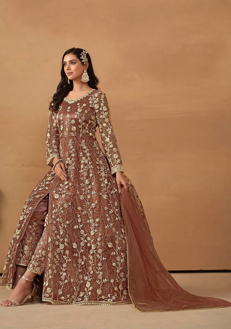 Brown Sequin Embroidered Net Kurta Set - Indya