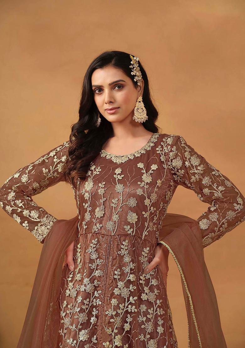 Brown Sequin Embroidered Net Kurta Set - Indya