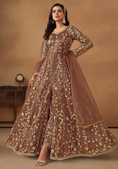 Brown Sequin Embroidered Net Kurta Set