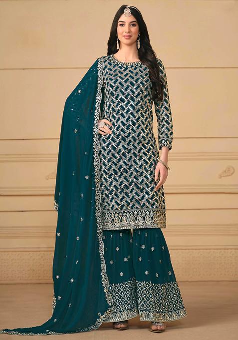 Teal Blue Sequin Embroidered Faux Georgette Sharara Set