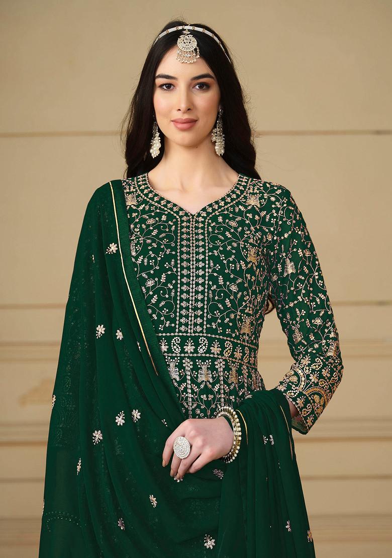 Dark Green Sequin Embroidered Faux Georgette Anarkali Set