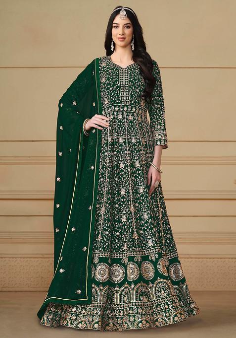 Dark Green Sequin Embroidered Faux Georgette Anarkali Set