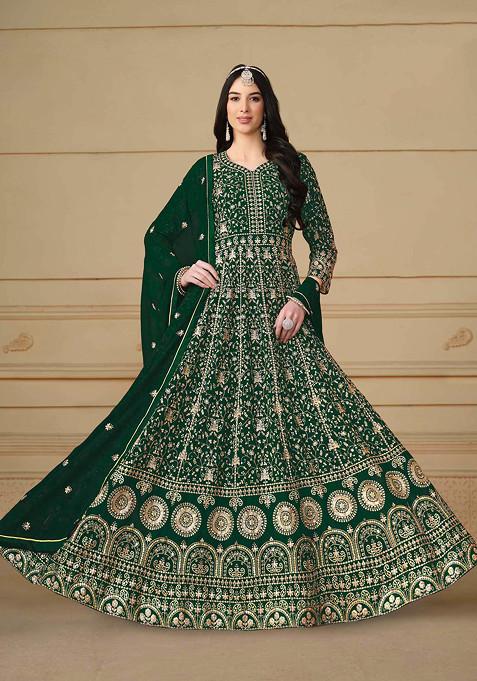 Dark Green Sequin Embroidered Faux Georgette Anarkali Set