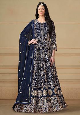 Navy Blue Sequin Embroidered Faux Georgette Anarkali Set