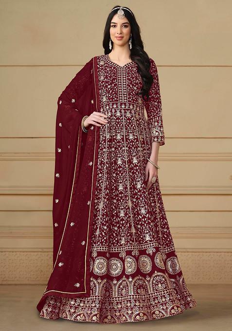 Maroon Sequin Embroidered Faux Georgette Anarkali Set