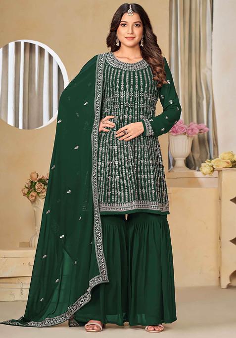 Dark Green Sequin Embroidered Faux Georgette Sharara Set