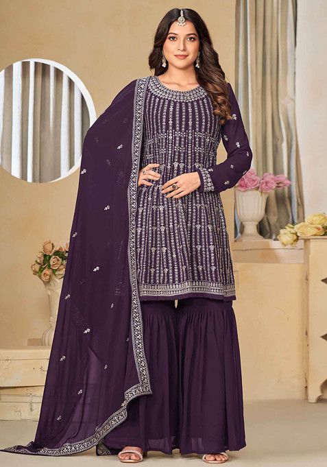 Purple Sequin Embroidered Faux Georgette Sharara Set