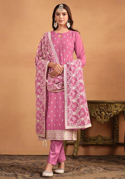 Pink Thread Embroidered Work Faux Georgette Kurta Set