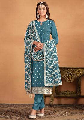Teal Blue Thread Embroidered Work Faux Georgette Kurta Set