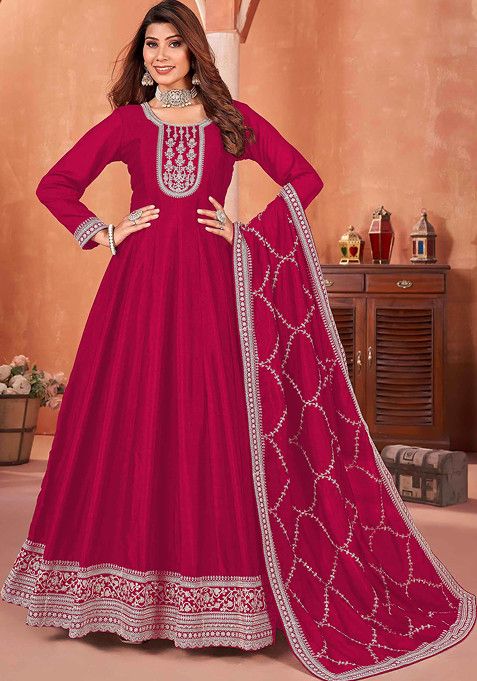 Rani Pink Thread Embroidered Work Art Silk Anarkali Set