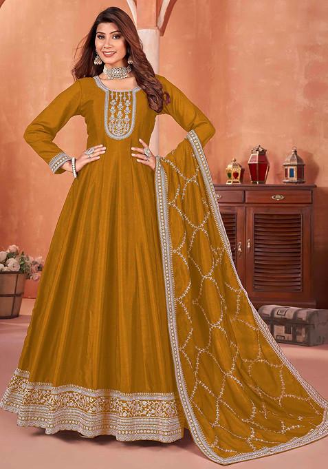 Mustard Thread Embroidered Work Art Silk Anarkali Set