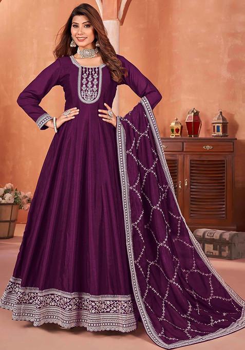 Wine Thread Embroidered Work Art Silk Anarkali Set