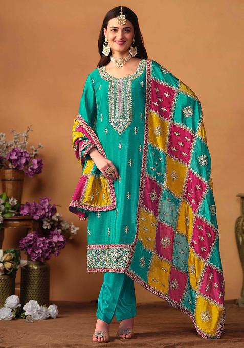 Teal Green Thread Embroidered Work Chinon Silk Kurta Set