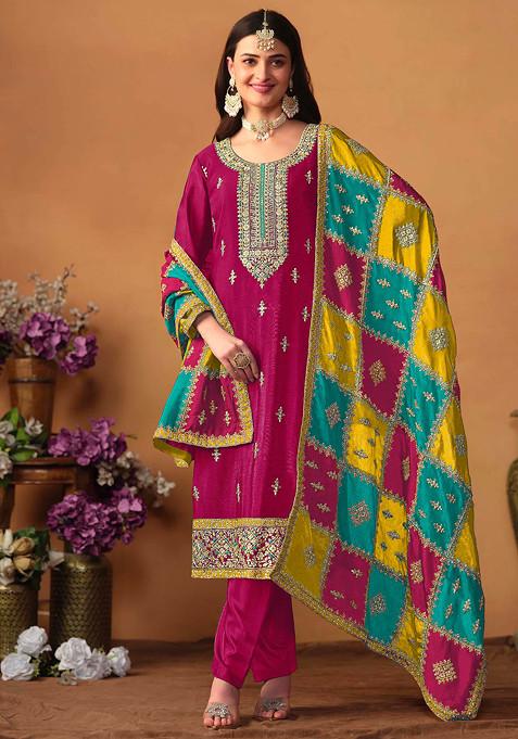 Rani Pink Thread Embroidered Work Chinon Silk Kurta Set