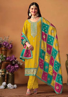 Mustard Thread Embroidered Work Chinon Silk Kurta Set