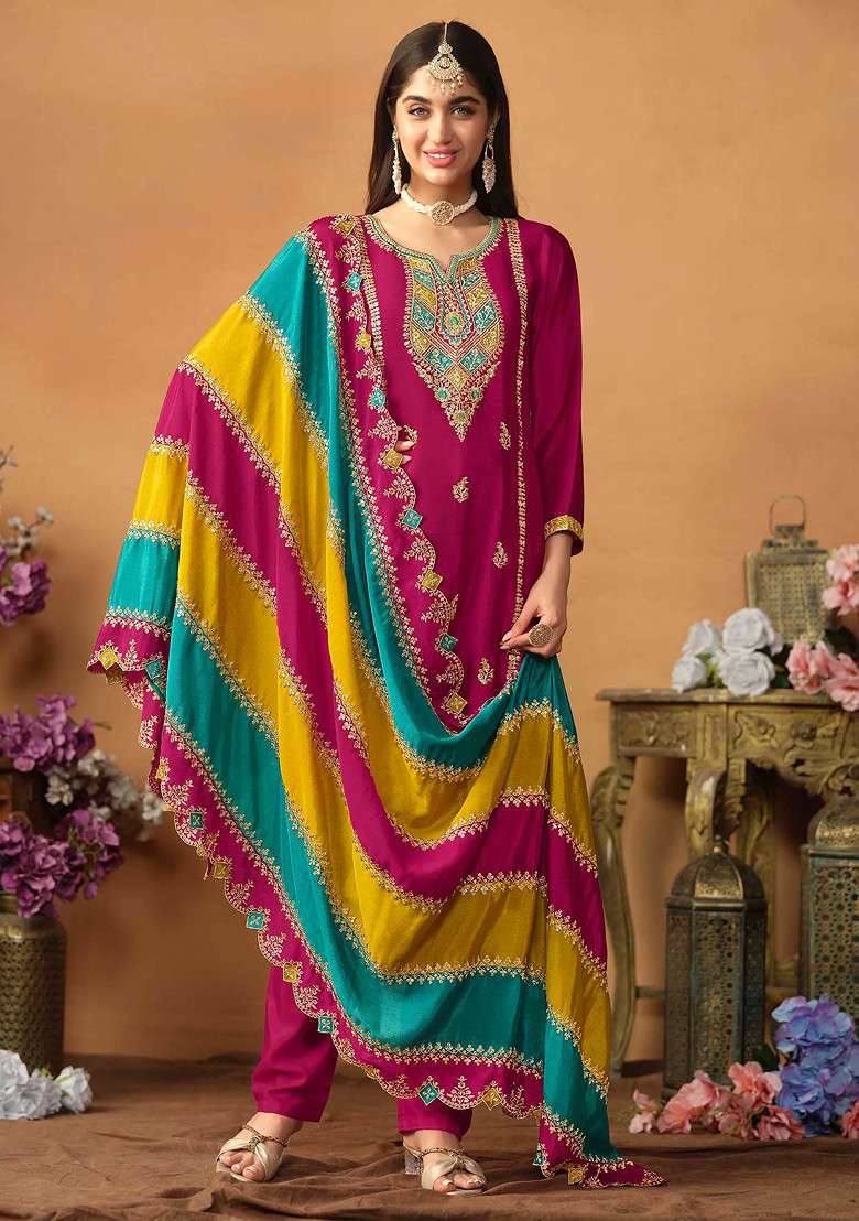 Rani Pink Thread Embroidered Work Chinon Silk Kurta Set - Indya