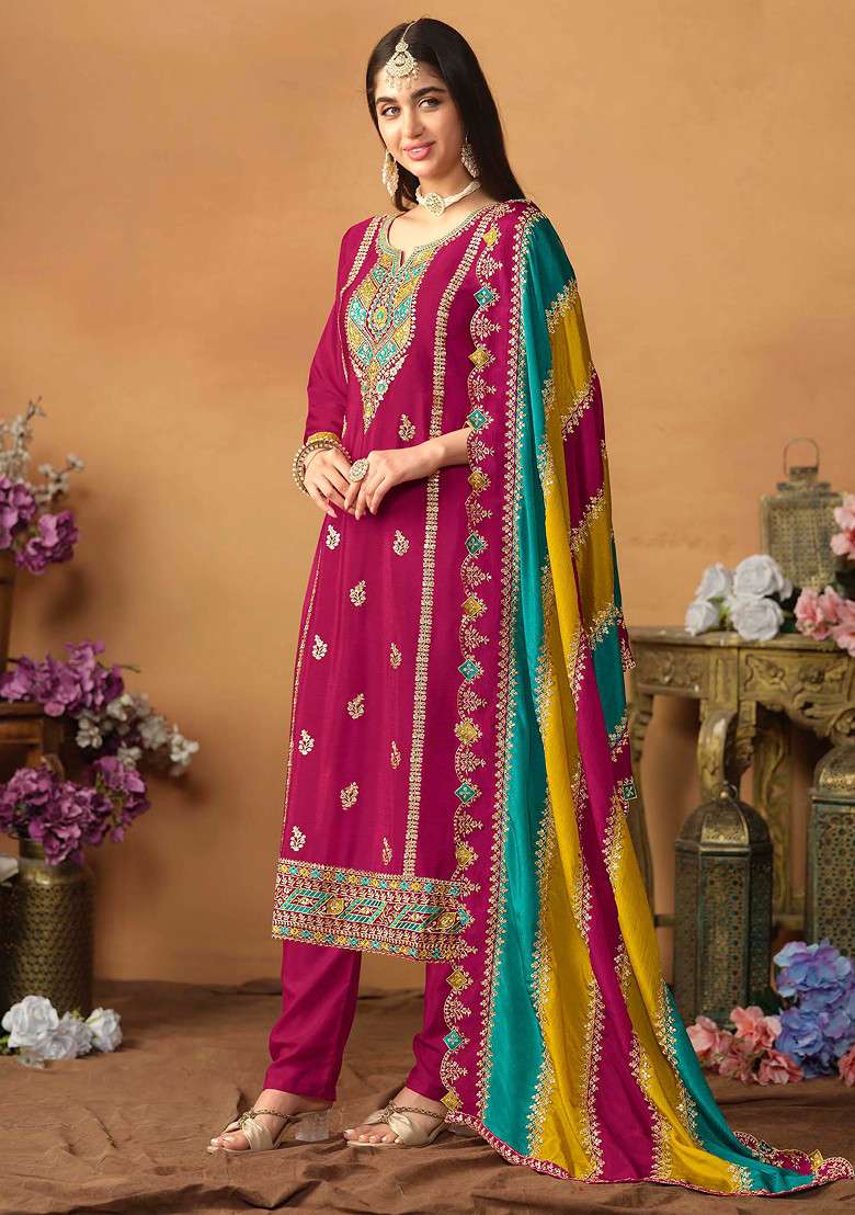 Rani Pink Thread Embroidered Work Chinon Silk Kurta Set - Indya