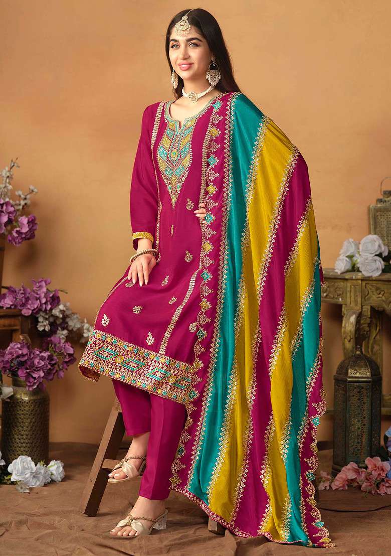 Rani Pink Thread Embroidered Work Chinon Silk Kurta Set - Indya